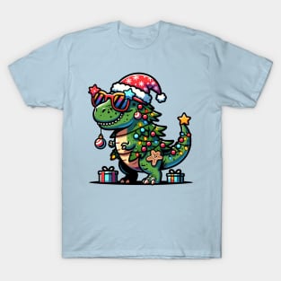 Tree-Rex Holiday Dinosaur - Christmas Tree T-Rex TreeRex Pun with Santa Hat, Lights and Ornaments T-Shirt